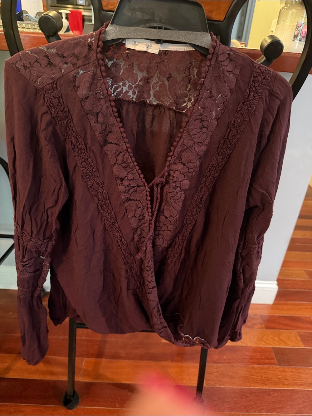Taylor & Sage Lace-Trim V-Neck Blouse in Deep Plum